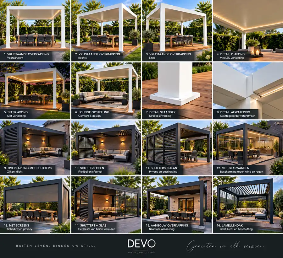 DeVo Outdoor Living inspiratiecollage met lamellendaken en opties
