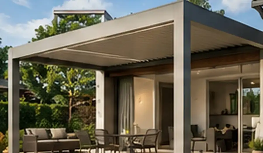 Lamellendach als Terrassenüberdachung an einem Wohnhaus in Flandern