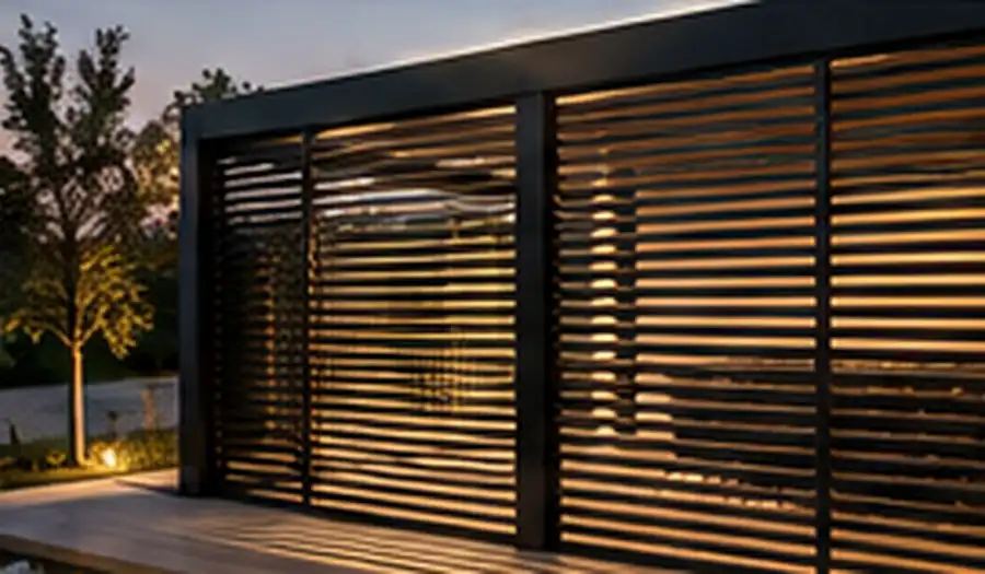 Outdoor shutters on sliding tracks beside an aluminium louvered roof