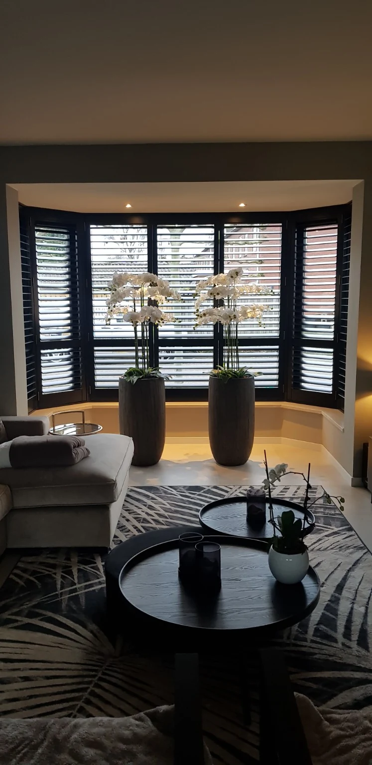 Schwarze Shutters an einem Erker in Bornem, RAL 9005, mit 76-mm-Lamellen, Ultra ClearView und verdeckten Scharnieren.